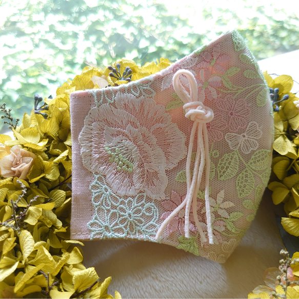 ＜受注製作＞布マスク レース [ピンクの花園①] 多機能ダブルガーゼ&ピンクリネン　立体　花柄　 3枚目の画像