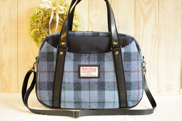 *受注製作*＜Harris Tweed ハリスツイード×倉敷帆布＞*A4対応ボストンバッグ*ブルー系* 1枚目の画像