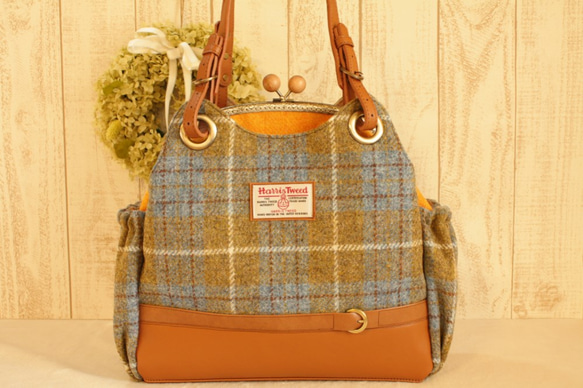 *受注製作*＜HARRIS TWEED＞ハリスツイード*3wayがま口バッグ*イエロー系* 1枚目の画像