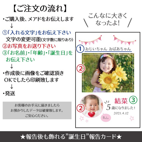 【誕生日報告】写真＆名入れポストカード　col.ピンク 3枚目の画像