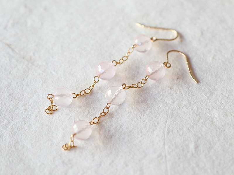 ◆ItoMe Stone◆ピアス＊ローズクォーツのロングチェーンピアス