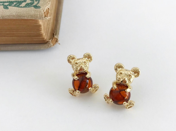 Teddy non-hole earrings ー gold x brown ー 2枚目の画像