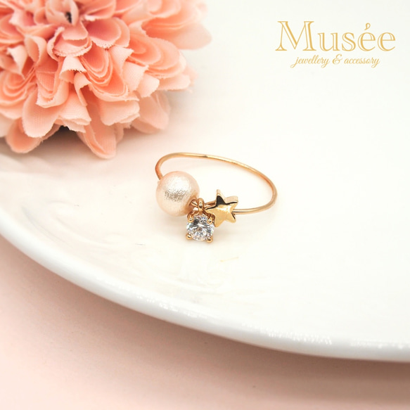 14Kゴールドスター] [/ジルコン/ピンクの綿の花パールリング 指輪  