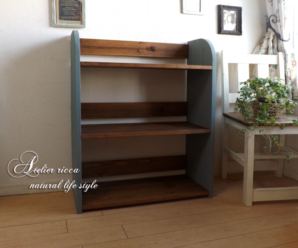 無垢材のアンティーク調シェルフW77＊H90ブルーグレイ 18,105円