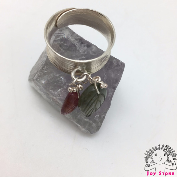 925 Silver Tourmaline Red Green Leaf Grain Line Ring 3枚目の画像