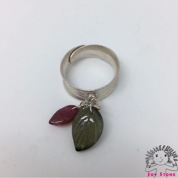 925 Silver Tourmaline Red Green Leaf Grain Line Ring 2枚目の画像