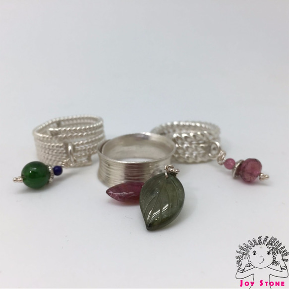 925 Silver Tourmaline Red Green Leaf Grain Line Ring 5枚目の画像