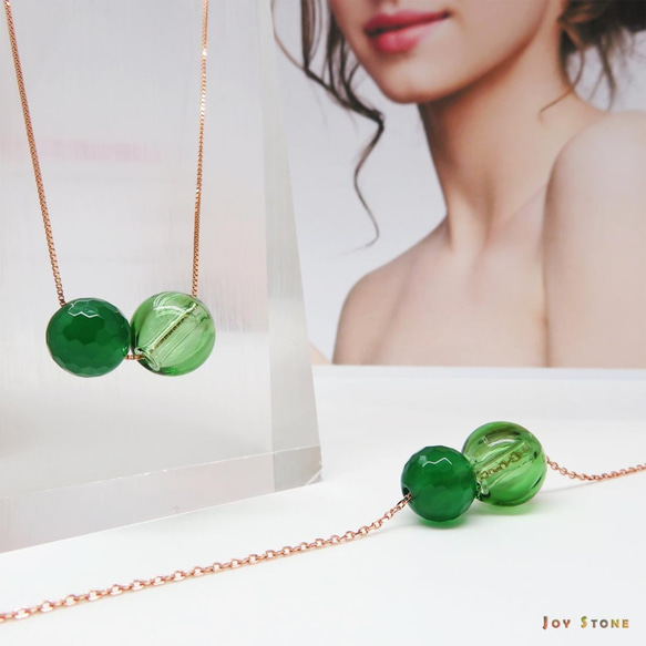 情人節手工項鍊八月誕生石綠瑪瑙925純銀玫瑰金寶石香氛琉璃珠 免費禮物包裝 第2張的照片