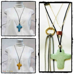 Blue Lava Diffuser Cross Pendant Cowhide Leather Necklace 7枚目の画像