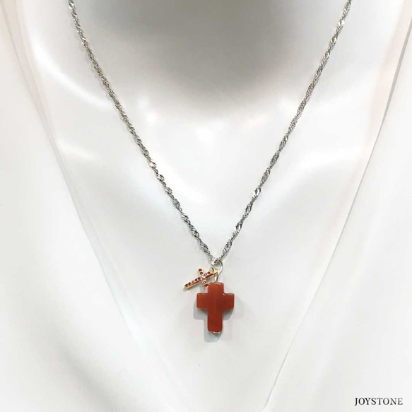 紅瑪瑙雙十字架項鍊-45cm 純銀微鑲鍍金玫瑰紅鑽鋯石x天然水晶 第4張的照片