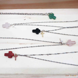 Silver Double Cross Necklace Rose Quartz Inlaid Rose Zircon 6枚目の画像