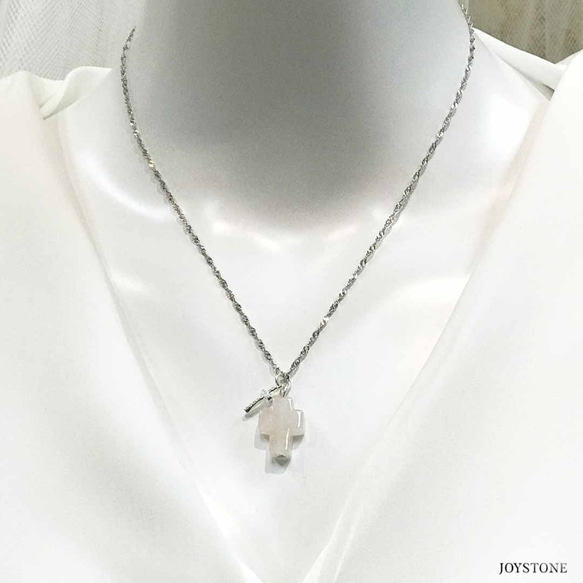 Silver Double Cross Necklace Rock Quartz Inlaid White Zircon 3枚目の画像