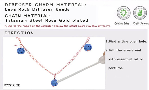 香氛項鍊 藍色4顆款香氛石 鈦鋼玫瑰金鎖骨鍊 附精油滴管 第5張的照片