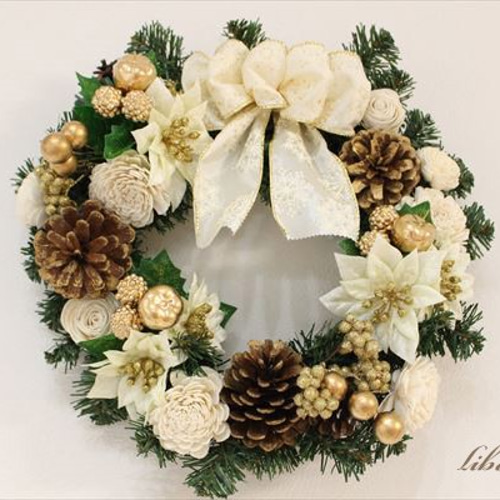 クリスマスリース（大サイズ） 白・ゴールド系 ゴージャスワイヤー