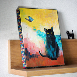 猫と蝶々アンティーク絵画 原画》モルフォ蝶と黒猫《キャンバスsizeF0号》 絵画 マキバドリ