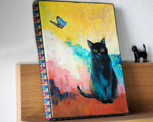 原画》モルフォ蝶と黒猫《キャンバスsizeF0号》 絵画 マキバドリ 通販  