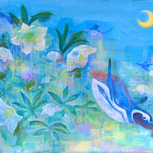 絵画　雪だるまとペンギン 2　A4サイズ　原画　額縁無し s-20230116165843279947.jpg