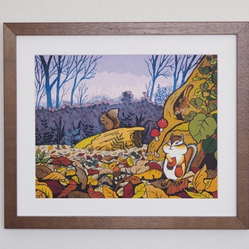 額装プリントイラスト】リス達の住む森（2Lサイズ） イラスト