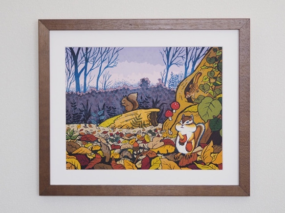 額装プリントイラスト】リス達の住む森（2Lサイズ） イラスト