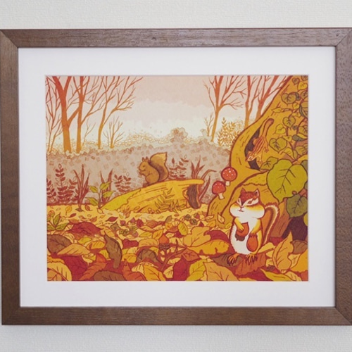 額装プリントイラスト】リス達の住む森（2Lサイズ） イラスト