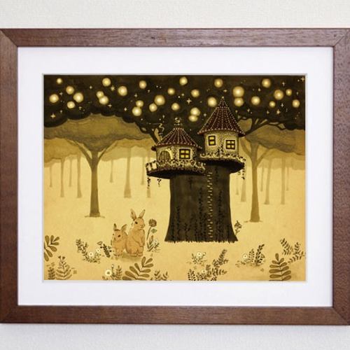 額装プリントイラスト】絵本の中のウサギとツリーハウス（2L