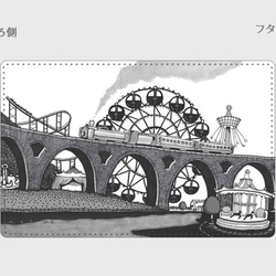 遊園地と蒸気機関車のカードケース《スクエアビーズのストラップとリール付》モノクロレッド 4枚目の画像