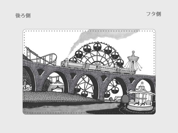 遊園地と蒸気機関車のカードケース《スクエアビーズのストラップとリール付》モノクロレッド 4枚目の画像