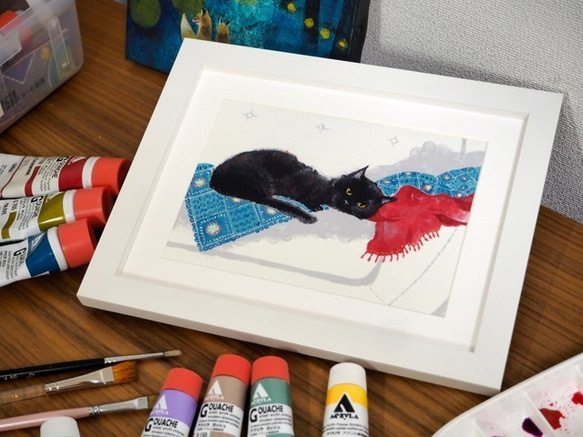 【額装プリントイラスト】黒猫ソファー（2Lサイズ） 3枚目の画像