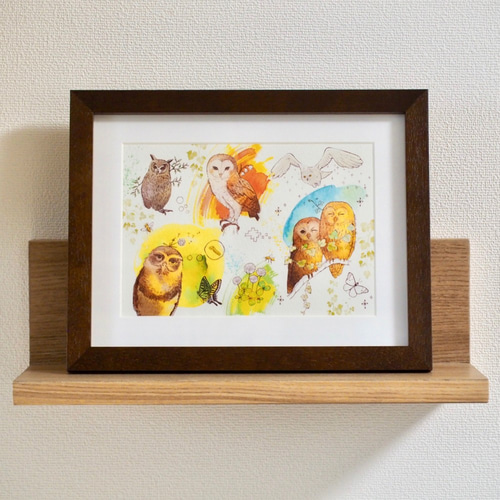 額装プリントイラスト】フクロウたちと絵本の森（2Lサイズ） イラスト