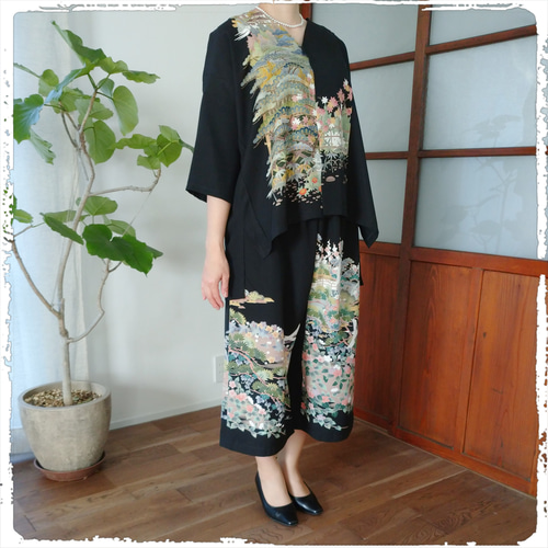 NO８８　着物リメイク　留袖リメイク　パンツセットアップ　　ワンピース 着物リメイク♥黒留袖のセットアップ♥パンツスーツ - Chicco