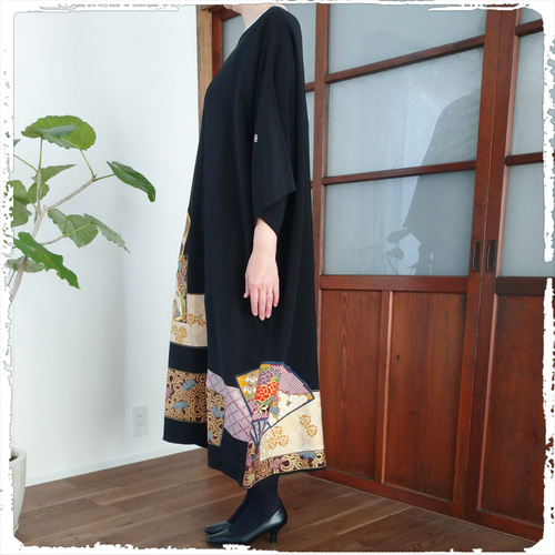 着物もんぺパンツ【黒】黒留袖 鷹 リメイクハンドメイド お正月 成人式