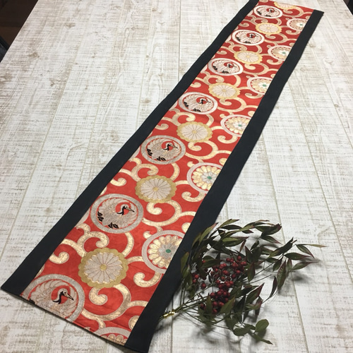 K＊着物リメイク＊正絹帯鶴＆菊柄帯地でテーブルセンター・テーブル