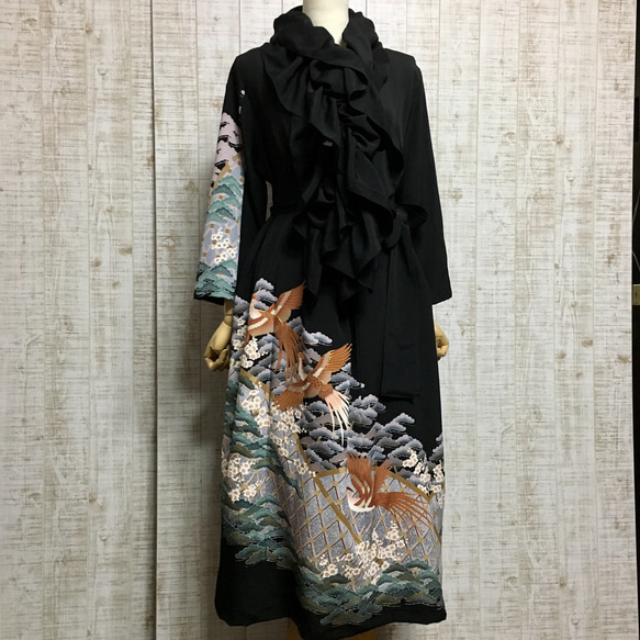 留袖リメイクワンピース❣️着やすい前開き 夫婦鶴 金駒 着丈112
