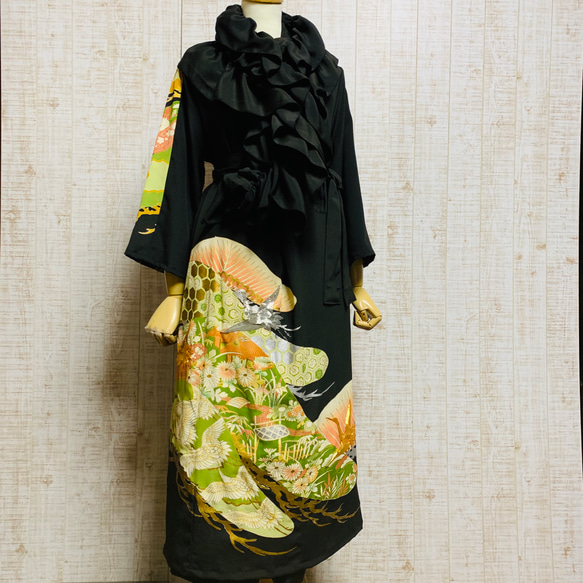 L 着物リメイク 正絹 黒留袖 鶴 シンプルゆったりワンピース