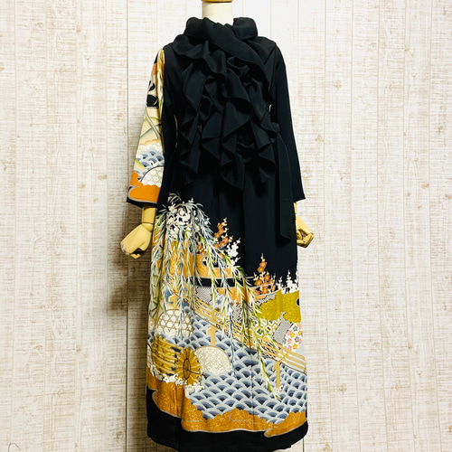 着物リメイク＊金彩友禅＊橋に枝垂れ柳・梅・紅葉模様正絹黒留袖  