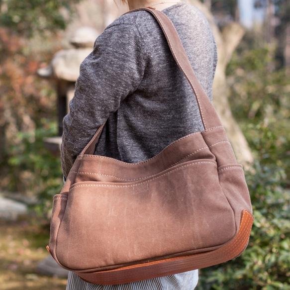 底ヌメ革 たっぷり 収納 柿渋染め 帆布 ONEショルダー&トート』京都(鞄