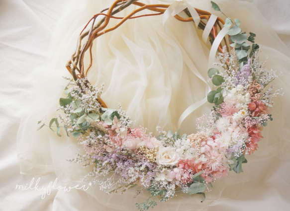 ナチュラルユーカリ＆Milkyピンクのリースブーケ＊ ブーケ yoshiko  