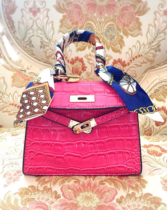 ハンドルスカーフのバーキンタイプのミニバッグ（ピンク） 2枚目の画像
