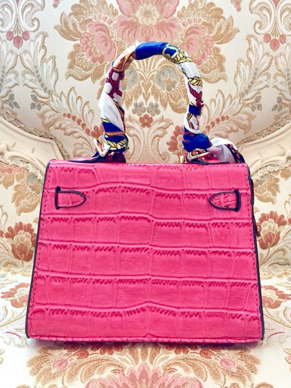 ハンドルスカーフのバーキンタイプのミニバッグ（ピンク） 5枚目の画像