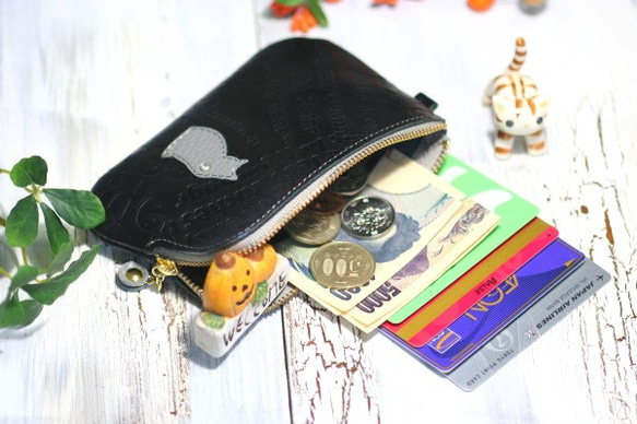 L字ファスナー財布（ブラック英字・グレー猫・きん運安定・福財布） 3枚目の画像
