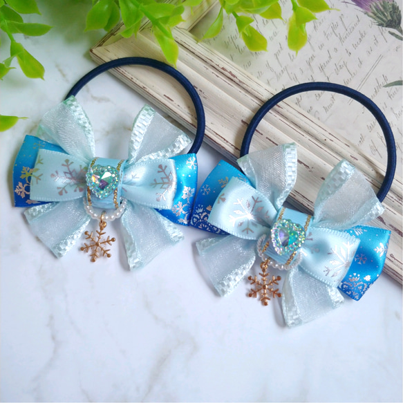 キッズ ヘアゴム リボン リボンゴム ハンドメイド 雪 結晶