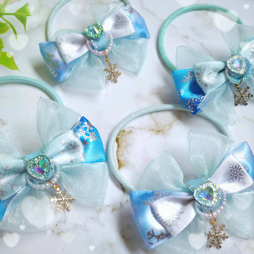 2個セット 雪の結晶 リボンヘアゴム スノーフレーク 雪の