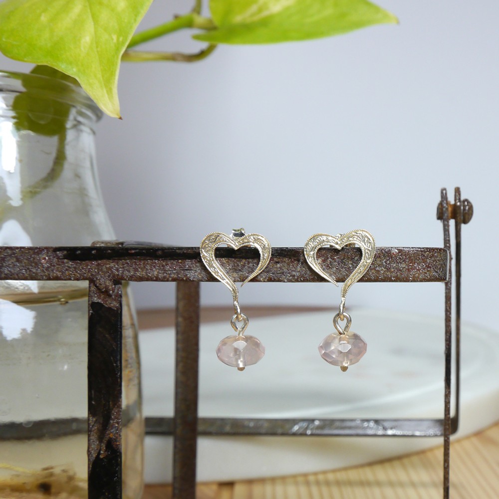 ローズクォーツのハートピアス SV925【受注生産】