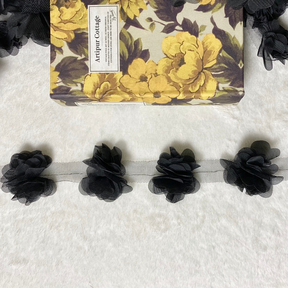 50cm単位 可愛い ゆるふわ シフォンフラワー 花 ブレード 黒  BK200729 ハンドメイド 手芸 素材 材料 3枚目の画像