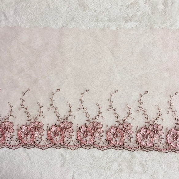 1m 超広幅 綺麗 花 フラワー刺繍 チュールレース ピンク×ブラウン BK200917 ハンドメイド 手芸 素材 材料 3枚目の画像