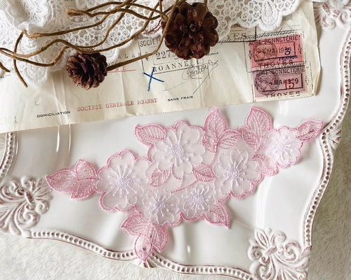 アンティーク プリンセスレース 小花と葉のアップリケ チュール付け襟 fairy-lace_ny-50