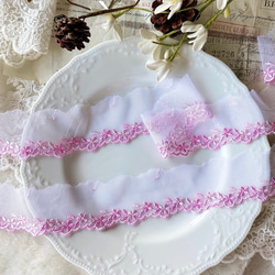 1m 美しい 花 フラワー刺繍 チュールレース BK210913 ピンク系 ハンドメイド 手芸 素材 材料 DIY 1枚目の画像