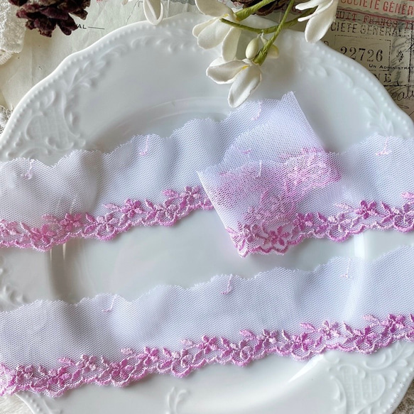 1m 美しい 花 フラワー刺繍 チュールレース BK210913 ピンク系 ハンドメイド 手芸 素材 材料 DIY 2枚目の画像