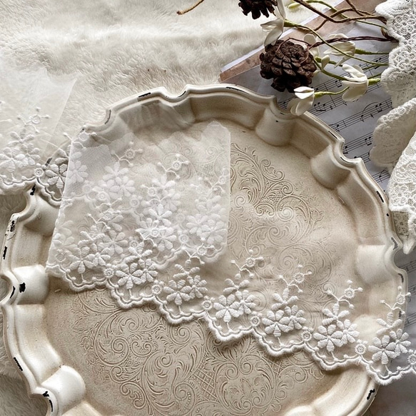 1m BK211205 綺麗 花 フラワー 刺繍 チュールレース 白