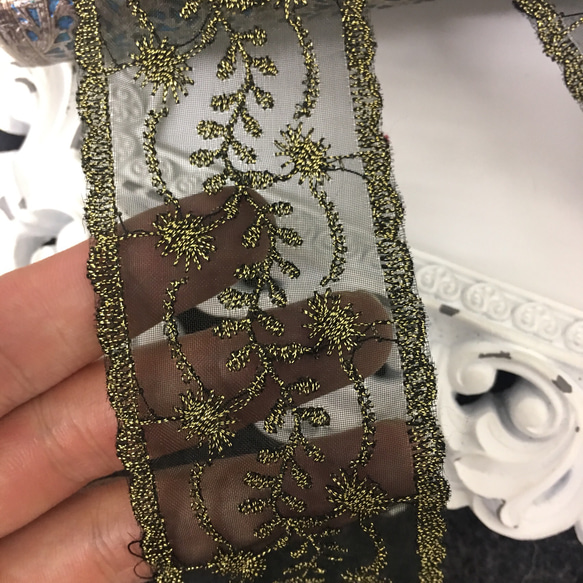 金糸 オーガンジー刺繍 リボン テープ 黒 BK170523 ハンドメイド 手芸 素材 材料 3枚目の画像